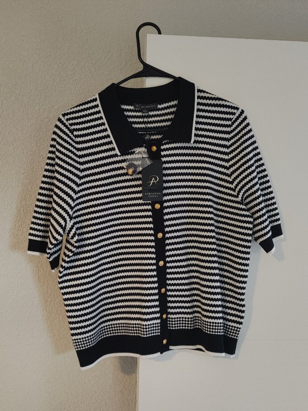 ADRIANNA PAPELL Stripe Short Sleeve Cardigan - Color: Navy/Ivory - Size: L